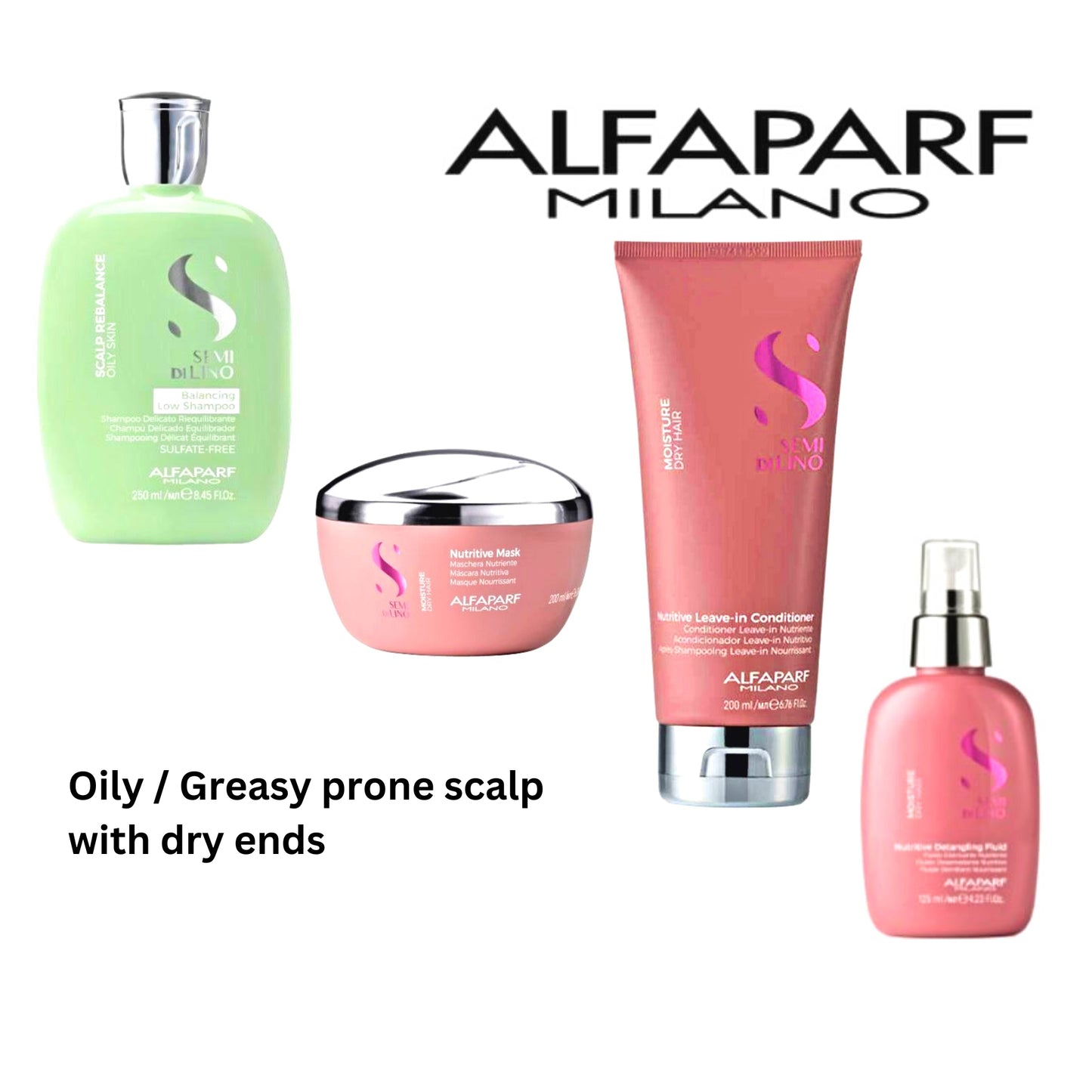 ALFAPARF Oily Scalp with dry ends Shampoo, Mask, Leave in conditioner & Detangler Spray