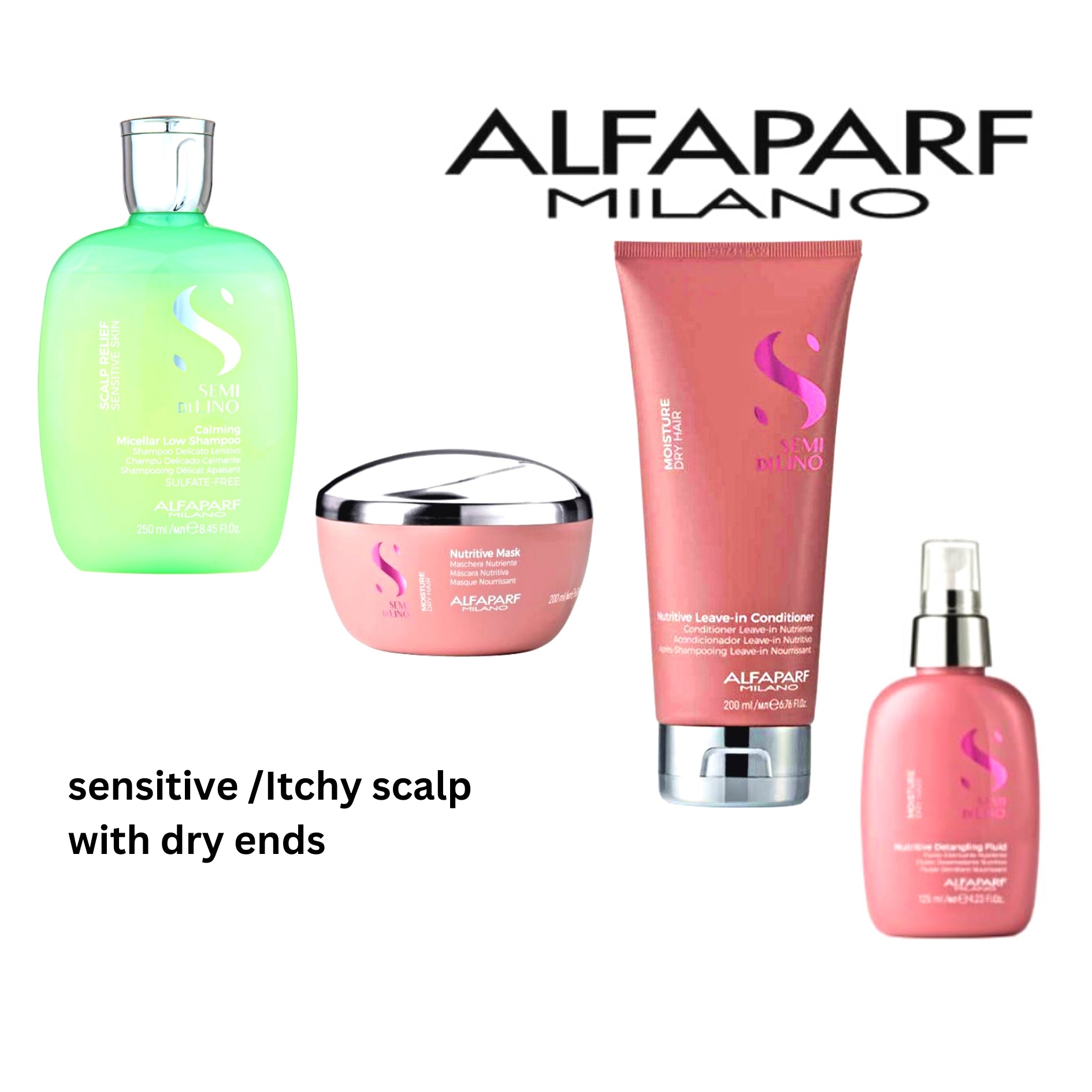 ALFAPARF Sensitive Scalp Shampoo + Mask, Leave in conditioner and Detangler Spray at mylook.ie