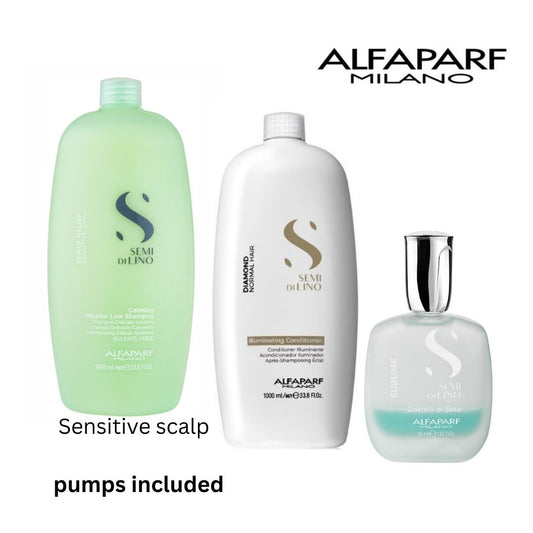 ALFAPARF Calming Shampoo, Diamond Illuminating Conditioner & Cristalli di Seta