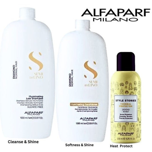 ALFAPARF Semi Di Lino DIAMOND Shampoo, Conditioner 1L & thermal protector at MYLOOK.IE will add intense Shine to hair and protect from heat styling