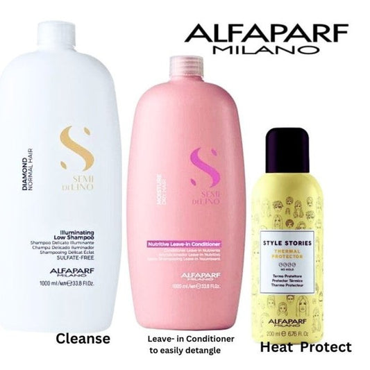 ALFAPARF Semi Di Lino Diamond Shampoo, Moisture Nutritive Leave-in Conditioner & Thermal Protector spray at MYLOOK.IE illuminates, softens & protects