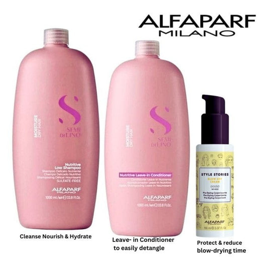 ALFAPARF Semi Di Lino Moisture Shampoo, Leave In Conditioner 1L & blow-dry cream