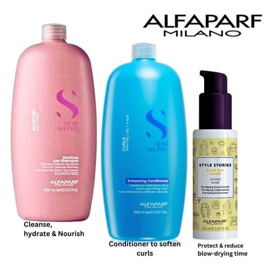 ALFAPARF Semi Di Lino Moisture Shampoo, Curly Conditioner 1L & blow-dry cream at MYLOOK.IE to hydrate & soften curls and reduce blow-drying time