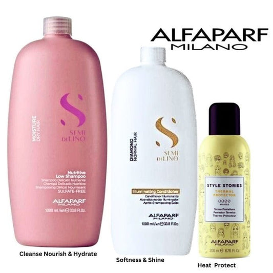 ALFAPARF Semi Di Lino Moisture Shampoo & Diamond Conditioner & Thermal Protector Spray 