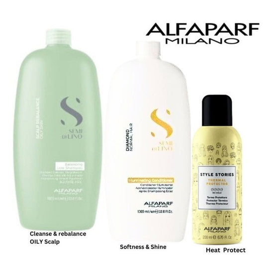 ALFAPARF Semi Di Lino Oily scalp Balancing Shampoo, Diamond Conditioner & Thermal protector normalizes the scalp 