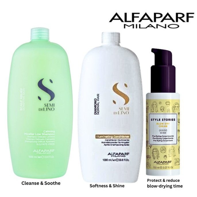 ALFAPARF Semi Di Lino Calming Shampoo SCALP RELIEF 1L, Diamond Conditioner & Blow-dry cream for Itchy sensitive scalp with dry dull ends