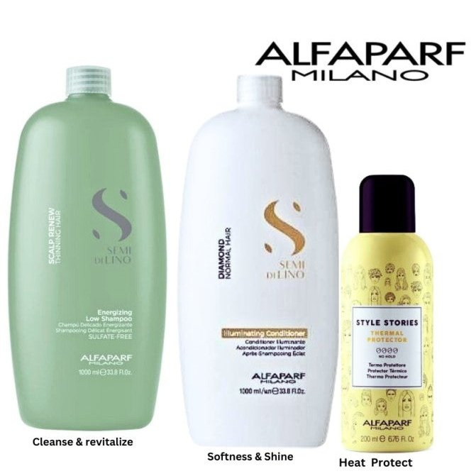 ALFAPARF SEMI DI LINO SCALP RENEW Energizing Low Shampoo, Diamond Conditioner & Thermal Protector for Thinning hair to revitaliize, illuminate & protect
