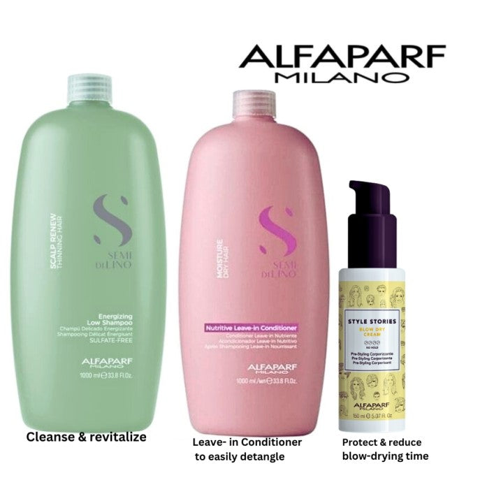 ALFAPARF Scalp renew Energizing Shampoo & Moisture Leave-In Conditioner 1L & blow-dry cream for Thinning hair with dry lengths for weak hair / hair loss giving renewed vitality