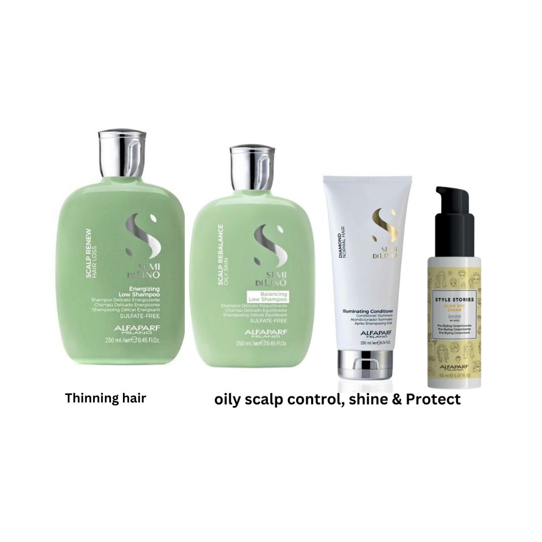 alfaparf energizing shampoo, rebalance shampoo, conditioner and blow-dry cream