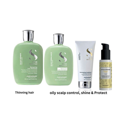 alfaparf energizing shampoo, rebalance shampoo, conditioner and blow-dry cream
