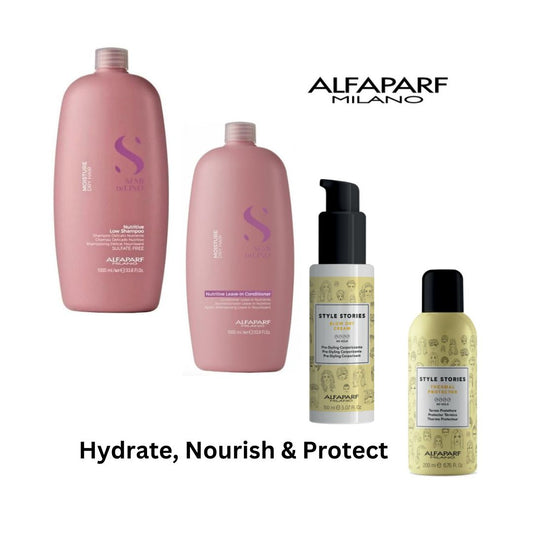 ALFAPARF Moisture Shampoo, Conditioner, Blow-dry cream & heat protector