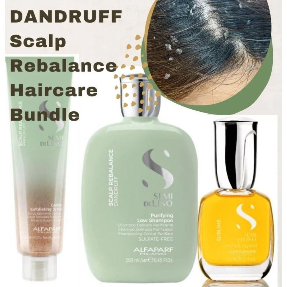 ALFAPARF Semi Di Lino Dandruff Scalp Rebalance Scrub, Shampoo +pump & Cristalli for those prone to scalp buildup such as dandruff, seborrheic dermatitis