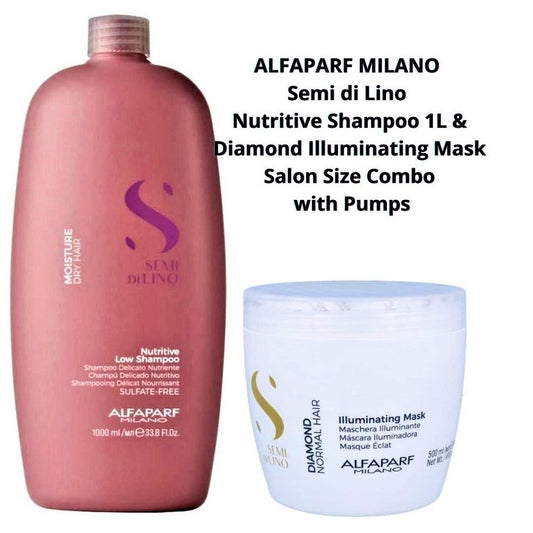 ALFAPARF MILANO Semi Di Lino Nutrition Shampoo 1L and Diamond illuminating Mask  for coloured hair_Bundle, pumps included