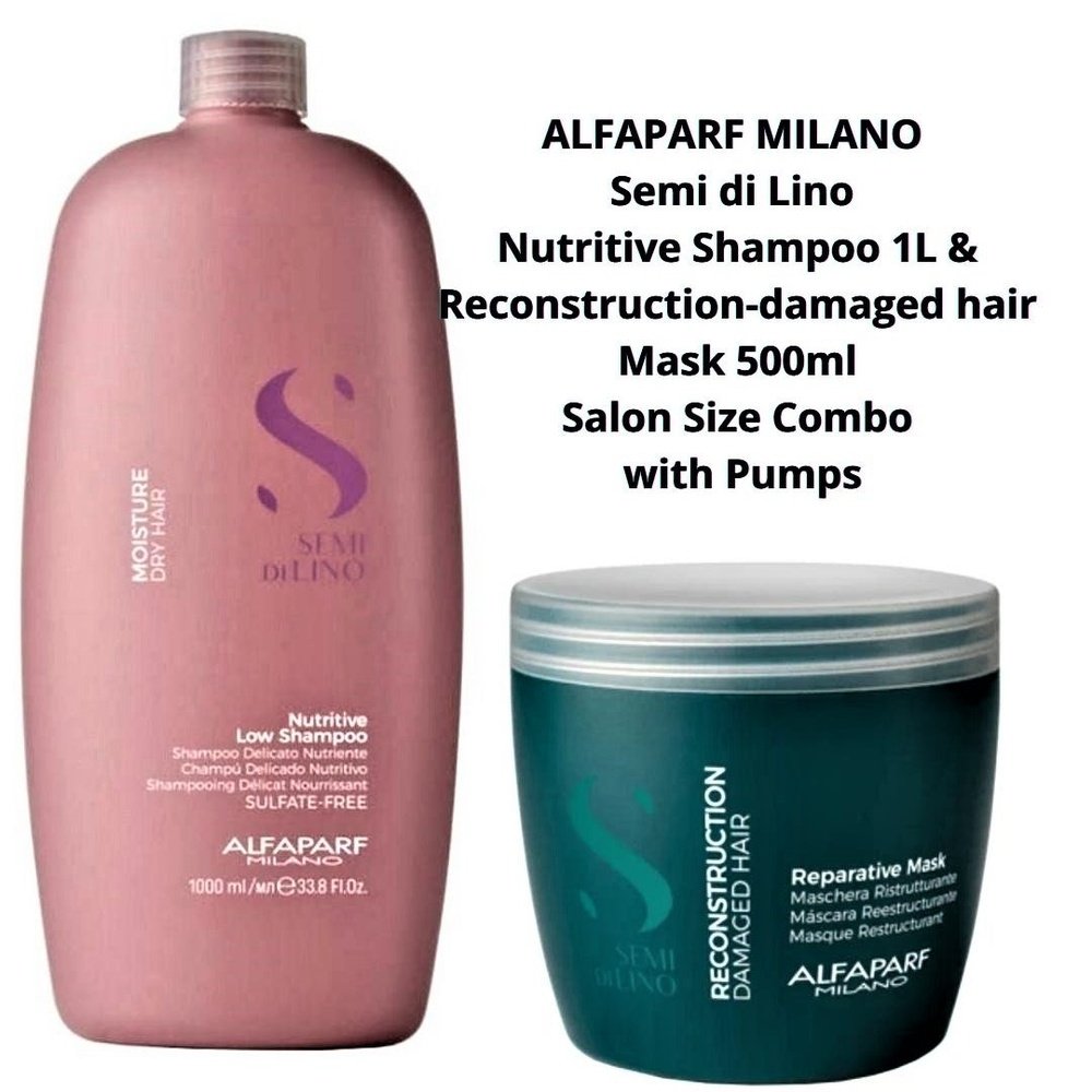 ALFAPARF MILANO Semi Di Lino Nutrition kit- Shampoo and Reconstruction Mask Bundle, pumps included